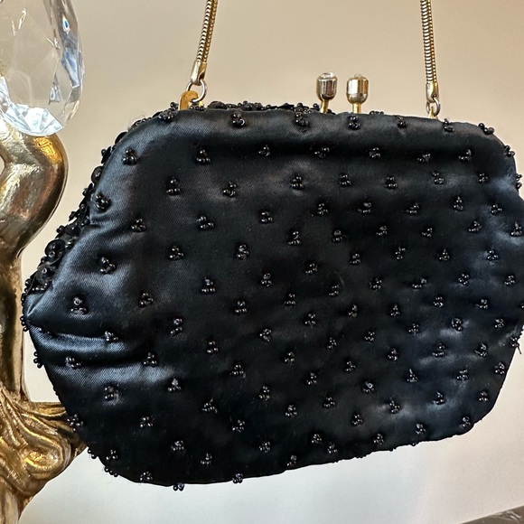 Vintage Black Beaded Clutch Handbag Sequence Gold Hardware Art Deco - Picture 5 of 10